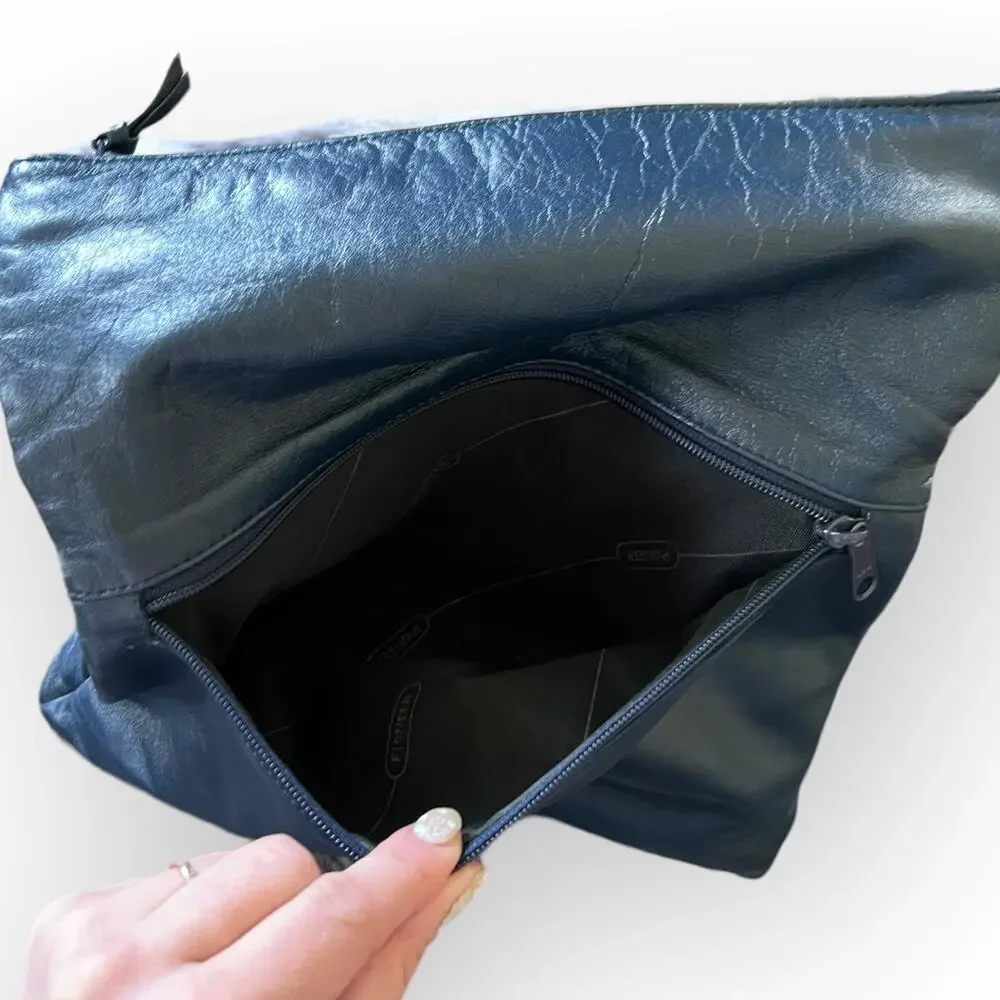 Pioneer Vintage 80s Navy Blue Leather Fold Over Clutch Purse w/ Fabric Cut Outs